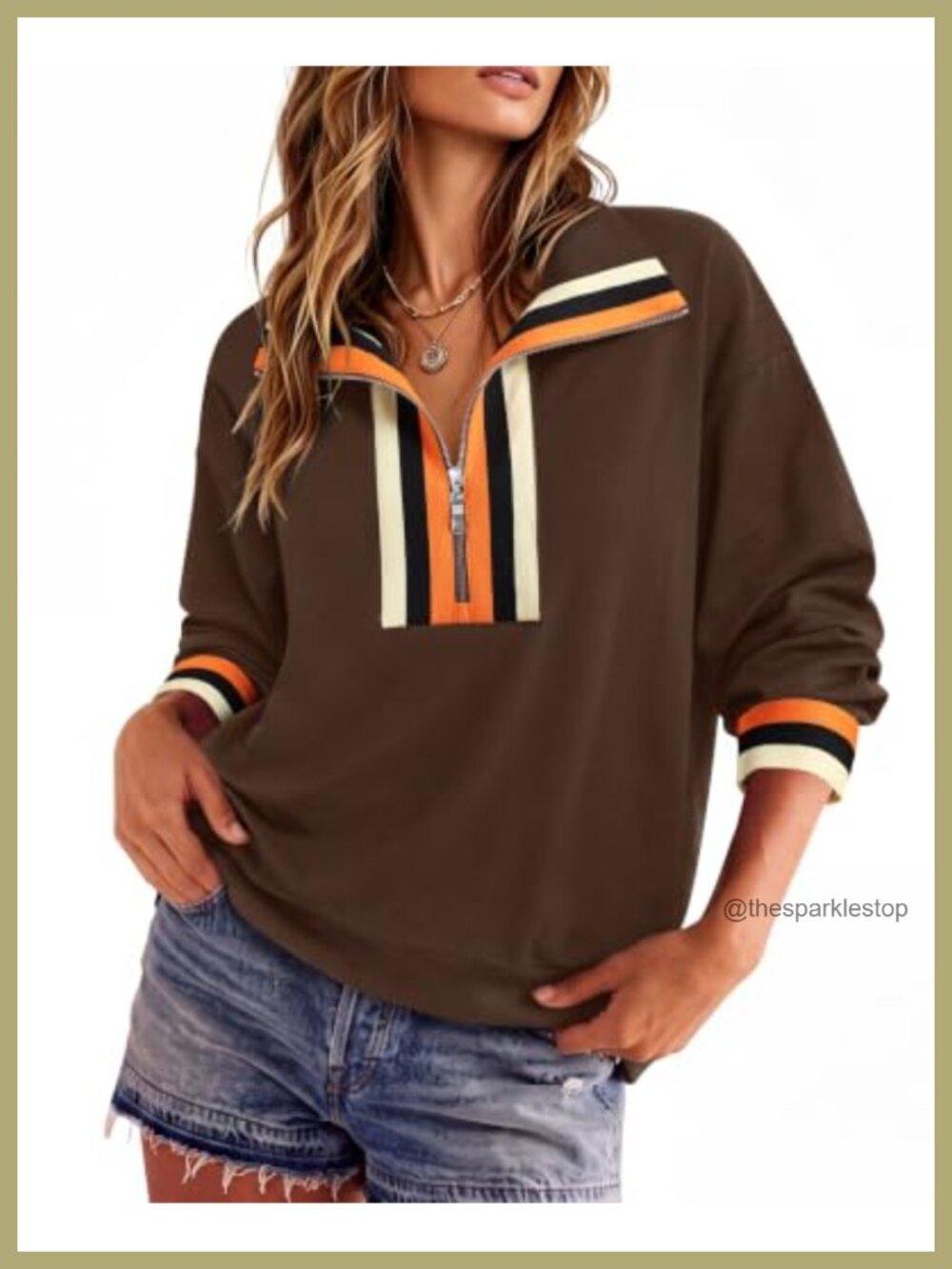 Womens Cotton Blend Half Zip Pullover Sweatshirt Striped Mock Neck